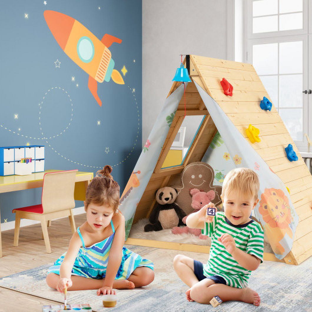 2-in-1 Wooden Kids Triangle Playhouse with Climbing Wall and Front Bell