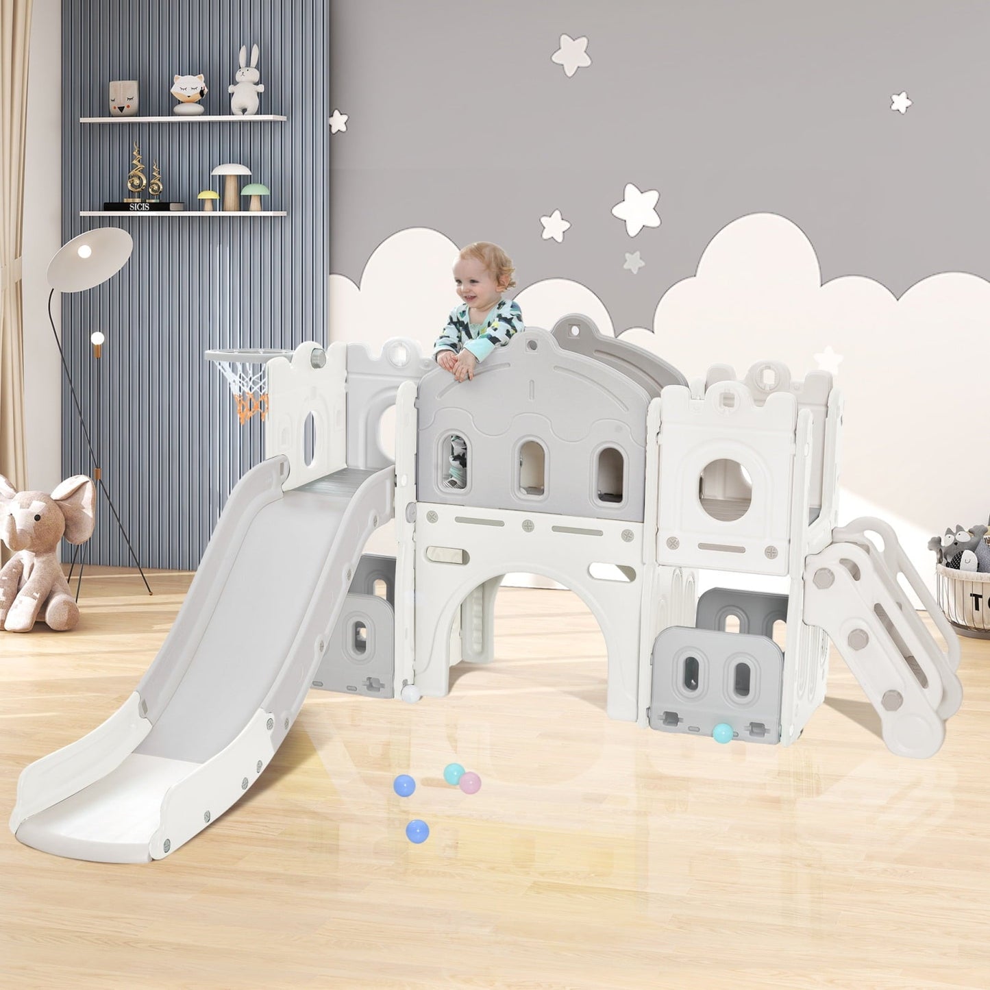 5 In 1 Kids Slide Playset Structure, Freestanding Castle Climber with Slide and Basketball Hoop, Kids Climbers Playhouse Toy Storage Organizer for Toddlers, White+ Grey
