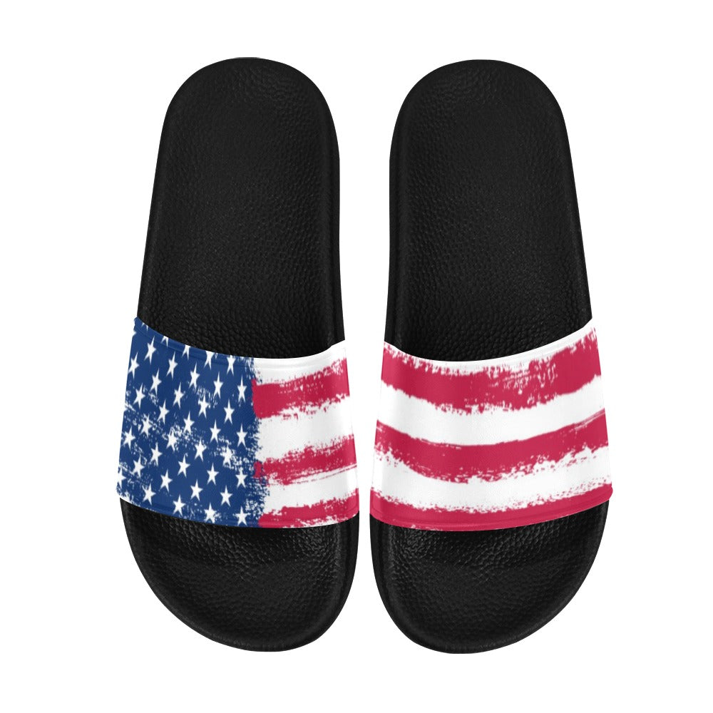 Patriotic Women Slides Sandals, American Flag Shoes Red White Blue Stars Stripes USA 4th of July Flip Flops Slip On Vegan Slippers