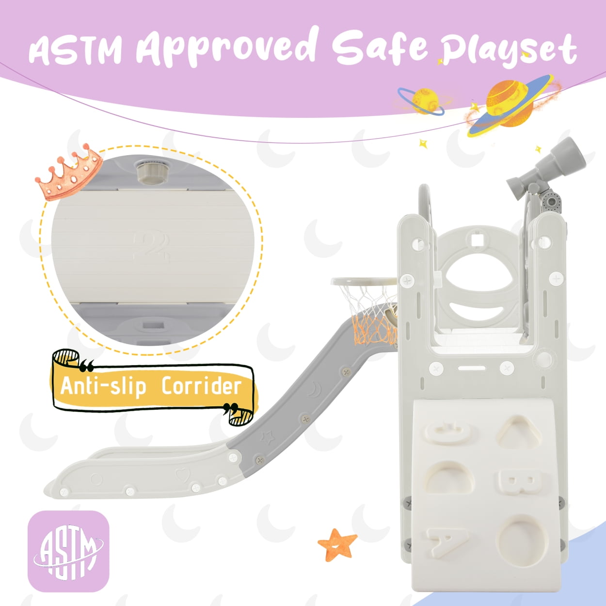 9 in 1 Toddler Slide Kids Slide Climber Playset,Freestanding Climbing Crawling Playhouse with Telescope,Basketball Hoop and Drawing Whiteboard,Toddlers Outdoor Indoor Playset for Backyard,Grey+White