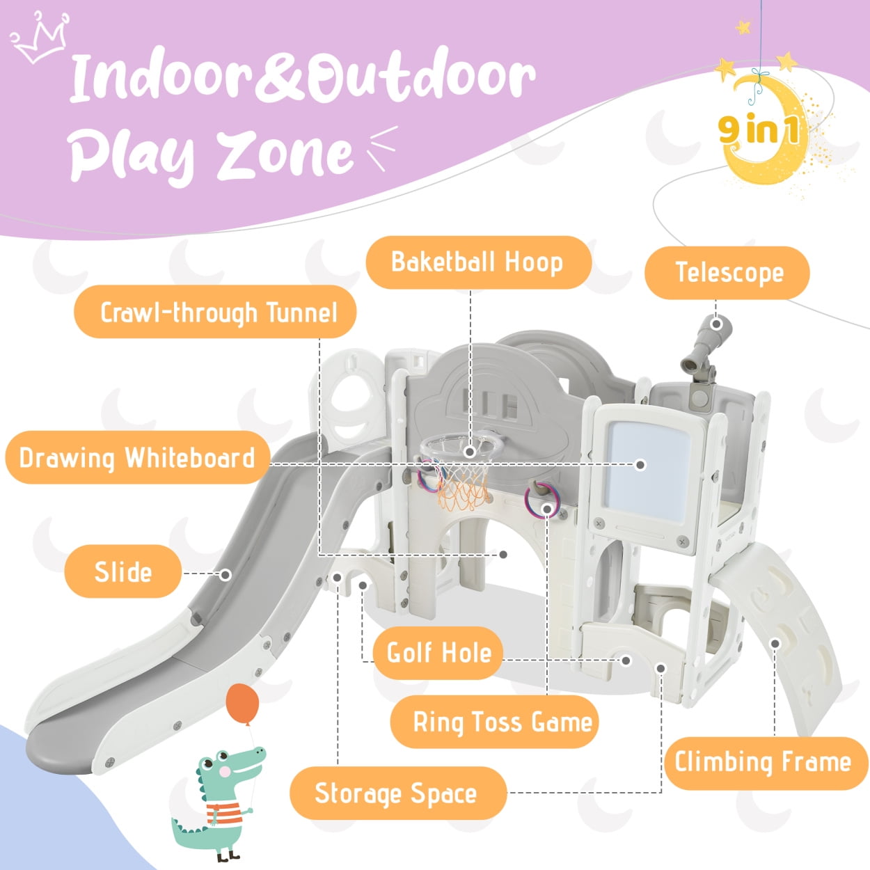 9 in 1 Toddler Slide Kids Slide Climber Playset,Freestanding Climbing Crawling Playhouse with Telescope,Basketball Hoop and Drawing Whiteboard,Toddlers Outdoor Indoor Playset for Backyard,Grey+White