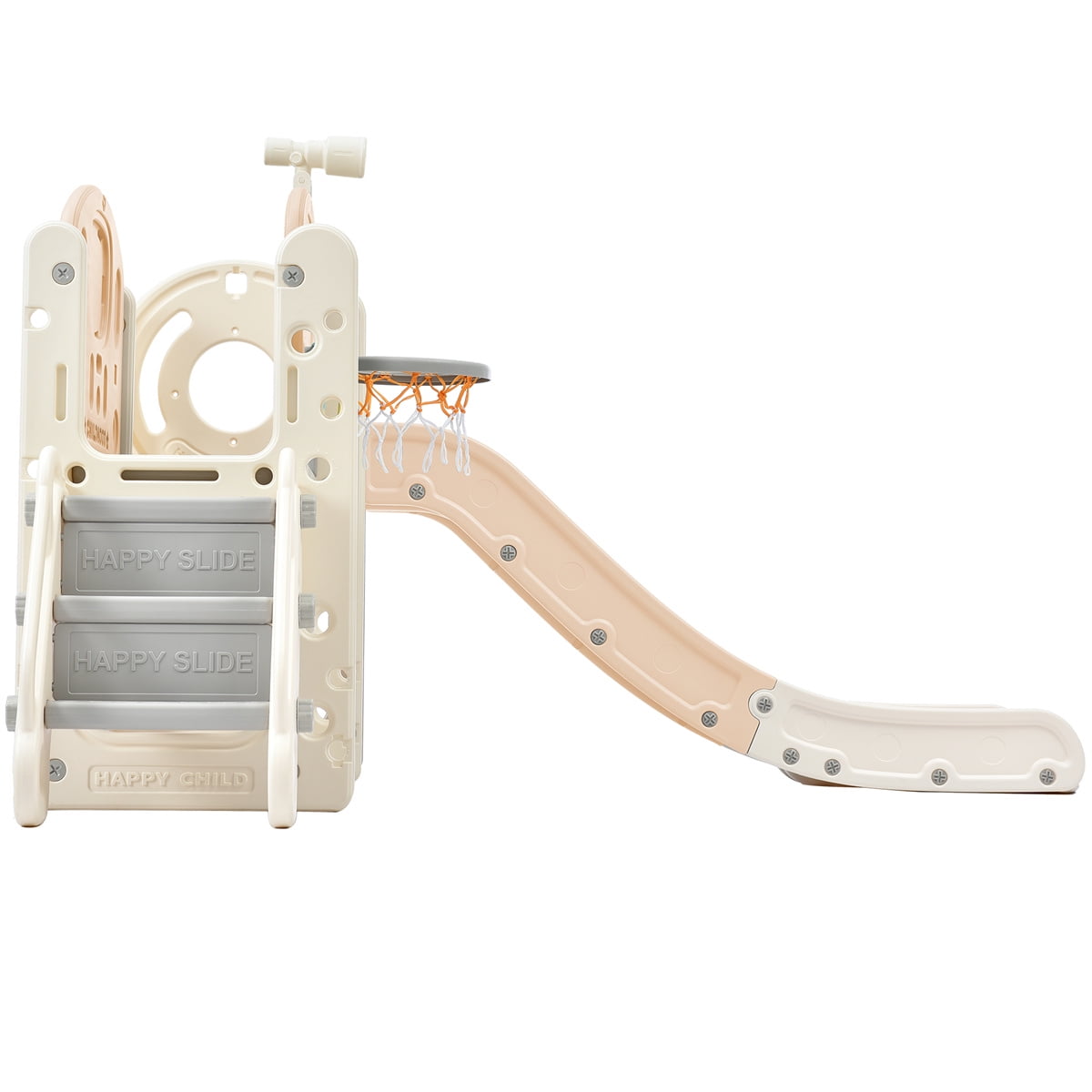 7-in-1 Toddlers Slide Climber Playset, Freestanding Castle Climbing Crawling Playhouse Children Climbers Playground Toy Storage Organizer with Slide, Arch Tunnel, Ring Toss & Basketball Hoop, Pink