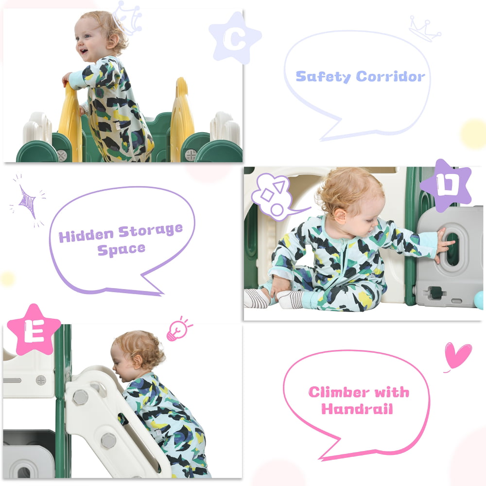 5 in 1 Kids Slide Playset Structure, Freestanding Castle Climber with Slide and Basketball Hoop, Toy Storage Organizer for Toddlers, Kids Climbers Playhouse for Indoor Outdoor Playground, Green