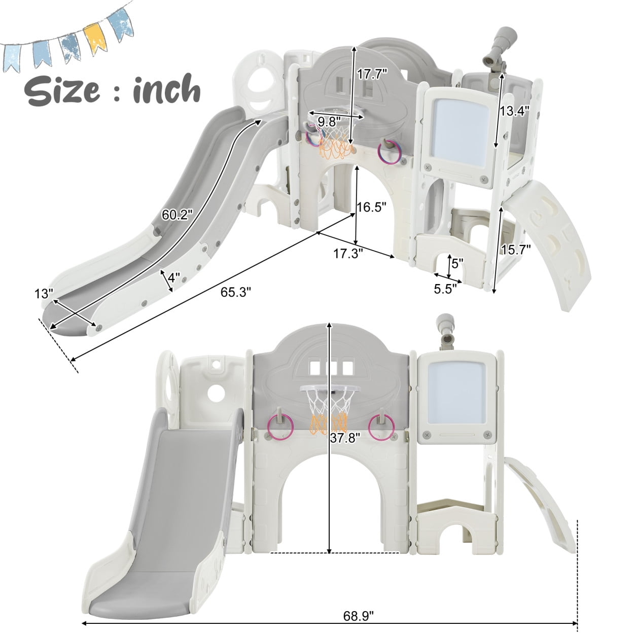 9 in 1 Toddler Slide Kids Slide Climber Playset,Freestanding Climbing Crawling Playhouse with Telescope,Basketball Hoop and Drawing Whiteboard,Toddlers Outdoor Indoor Playset for Backyard,Grey+White