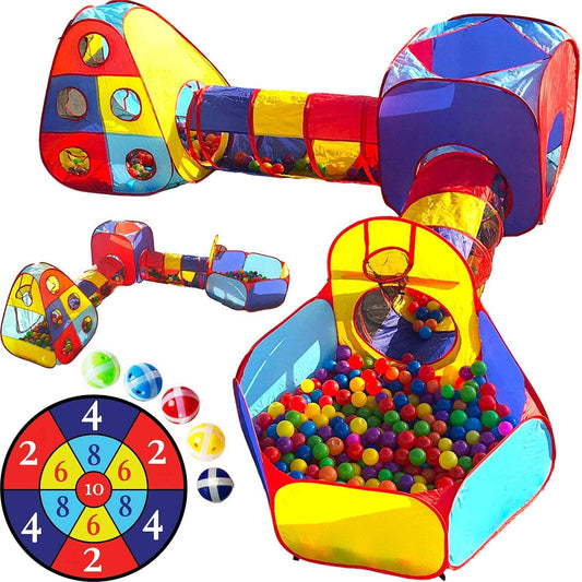 5pc Kids Playhouse Jungle Gym Ball Pit with Dart Board & 5 Velcro Balls - Fold Up Pop Up Tents, Tunnels & Basketball Pit Play Center for Boys, Girls, Baby, Toddlers w/ Travel Zipper Storage Bag