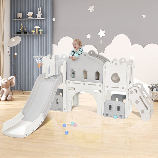 5 In 1 Kids Slide Playset Structure, Freestanding Castle Climber with Slide and Basketball Hoop, Kids Climbers Playhouse Toy Storage Organizer for Toddlers, White+ Grey