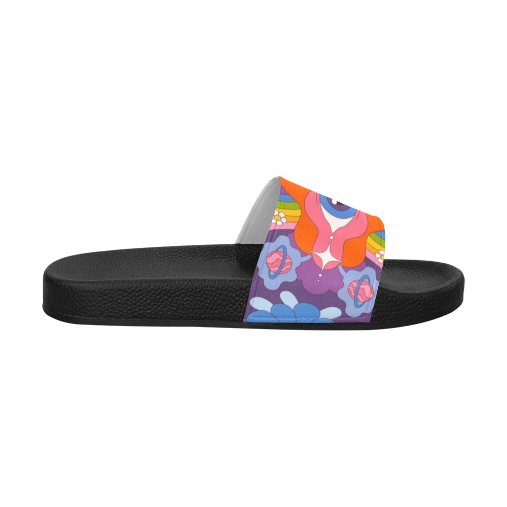 Psychedelic Women Slide Sandals, Funky Eye Trippy Groovy Party Shoe Festival Designer Wedge Slippers Flip Flops Slip On