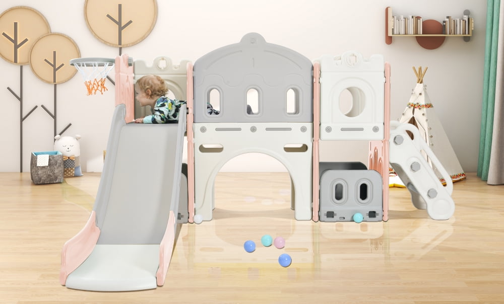 5-in-1 Toddlers Slide Playset Structure, Freestanding Castle Climber Toy Storage Organizer with Slide & Basketball Hoop, Kids Climbers Playhouse for Indoor Outdoor Playground Activity, Pink