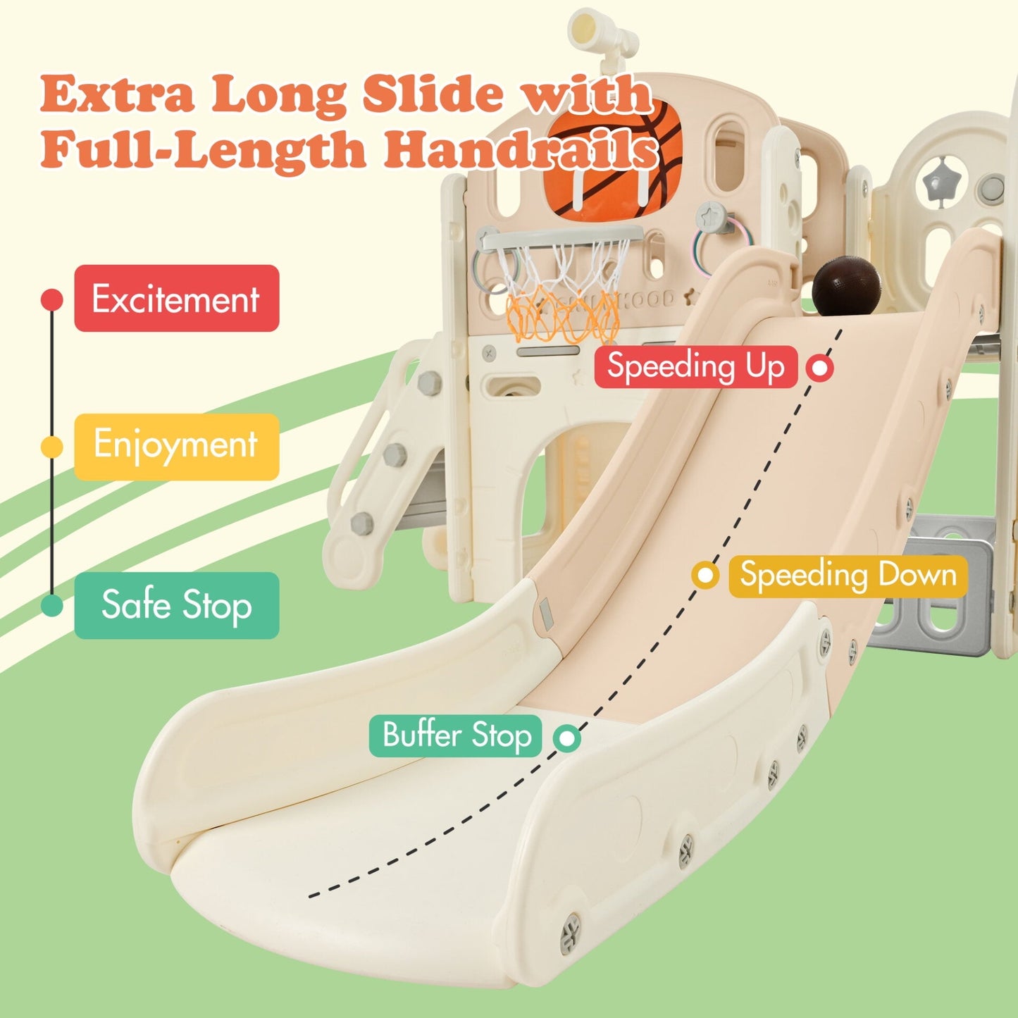 9 in 1 Kids Slide Playset Structure,Freestanding Castle Climbing Crawling Playhouse with Slide,Arch Tunnel,Loop Toss,Realistic Bus Model,Basketball Hoop and Toy Storage Organizer,Pink