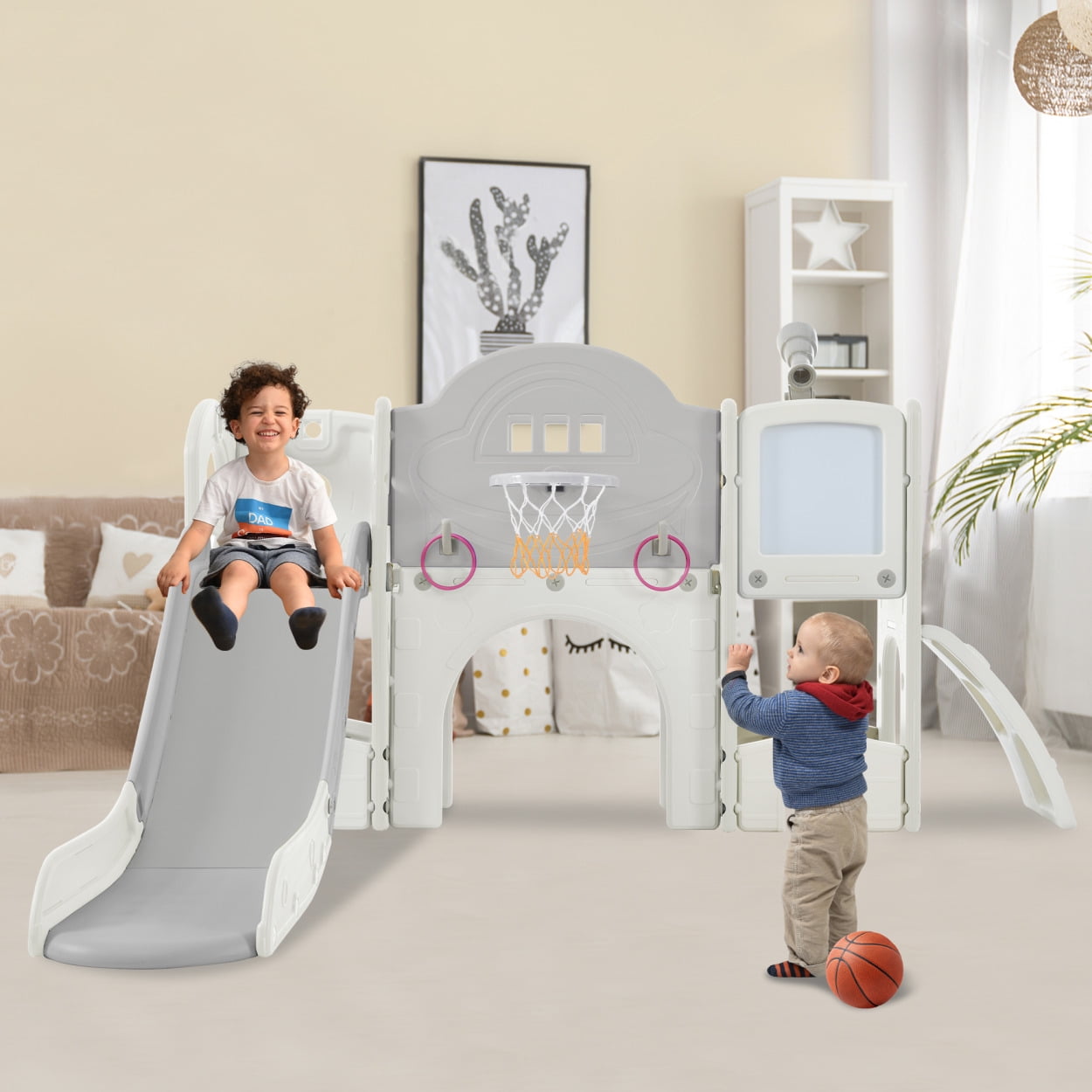 9 in 1 Toddler Slide Kids Slide Climber Playset,Freestanding Climbing Crawling Playhouse with Telescope,Basketball Hoop and Drawing Whiteboard,Toddlers Outdoor Indoor Playset for Backyard,Grey+White