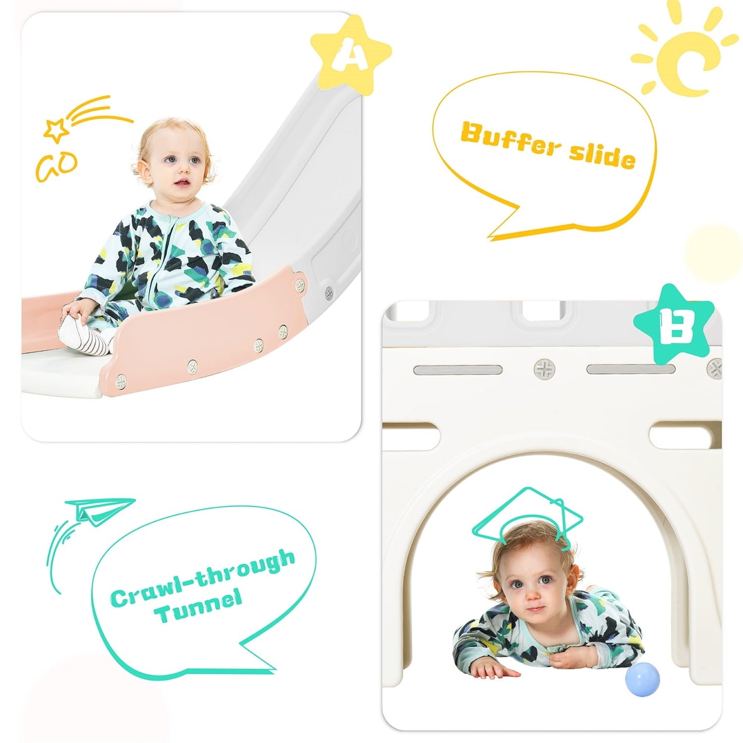 5-in-1 Toddlers Slide Playset Structure, Freestanding Castle Climber with Slide & Basketball Hoop, Playhouse Toy Storage Organizer for Indoor Outdoor Playground Activity, Pink