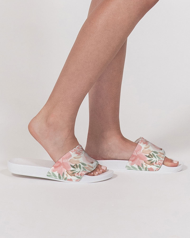 Pink Flowers Women Slides Sandals, Watercolor Floral White Designer Shoe Girls Flat Wedge Vegan Faux Leather Slippers Flip Flops Slip On