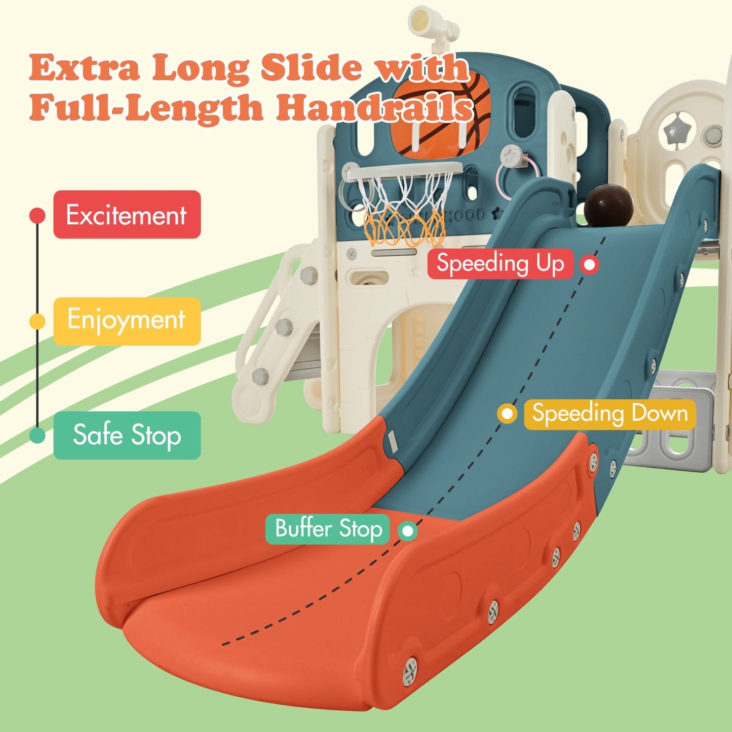 9 in 1 Kids Slide Playset, Freestanding Castle Climbing Crawling Playhouse with Slide, Arch Tunnel, Toss, Realistic Bus Model and Basketball Hoop, Toy Storage Organizer for Toddlers, Blue